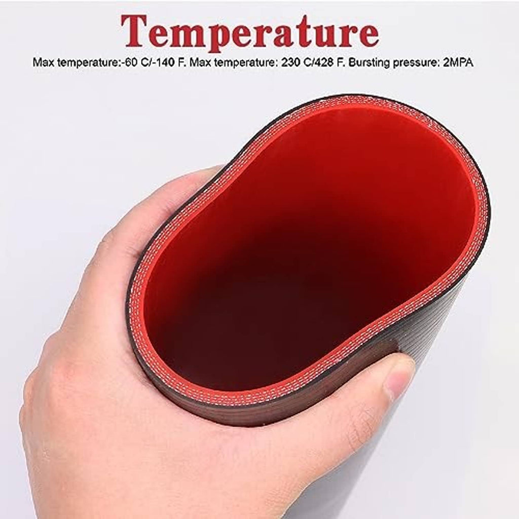 Black silicone hose held in a hand, showing a red inner bore