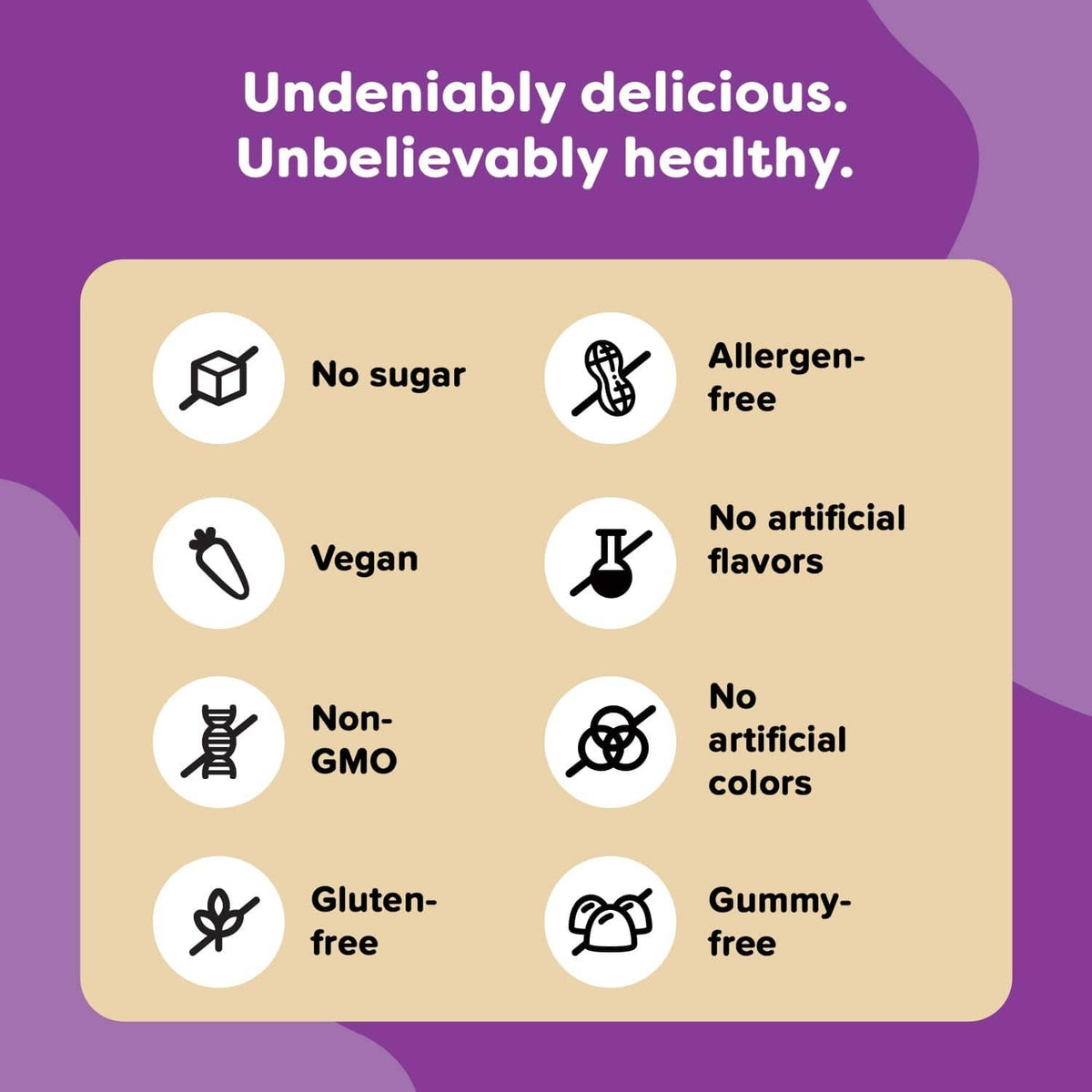 Kids multivitamin feature icons: no sugar, vegan, allergen-free, gluten-free, gummy-free