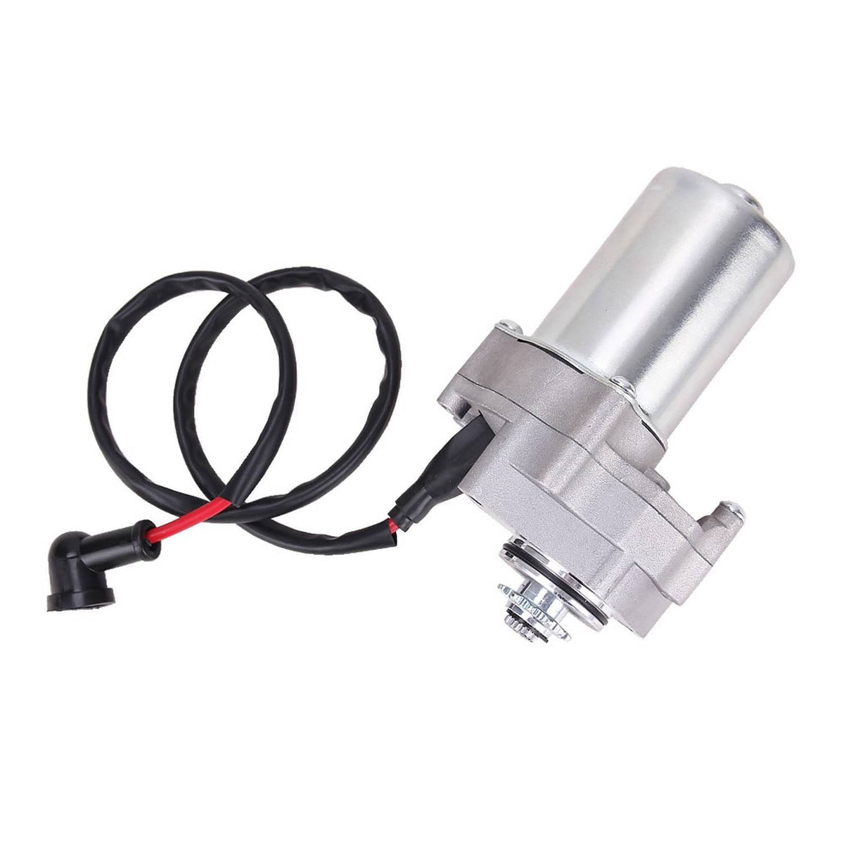 ATV starter motor with wiring harness, silver housing and black/red leads