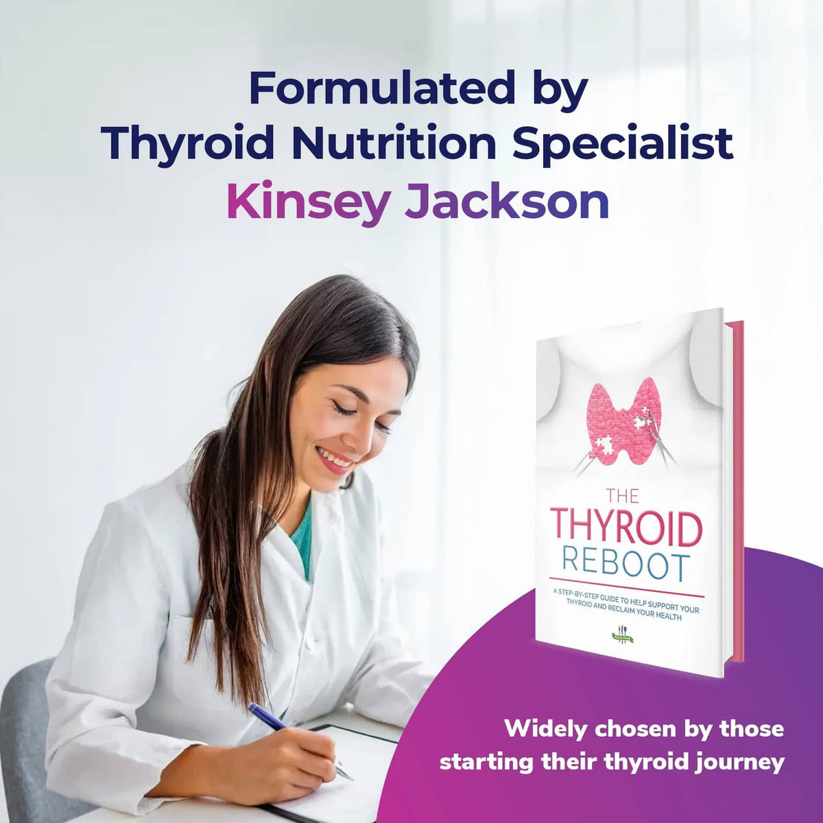 Thyroid supplement packaging and woman writing with purple-themed pouch
