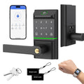 Smart keypad door lock with handle, dark finish, backlit numeric keypad and card reader