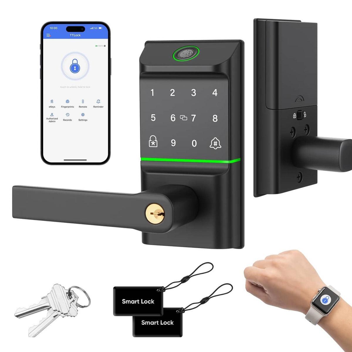 Smart keypad door lock with handle, dark finish, backlit numeric keypad and card reader