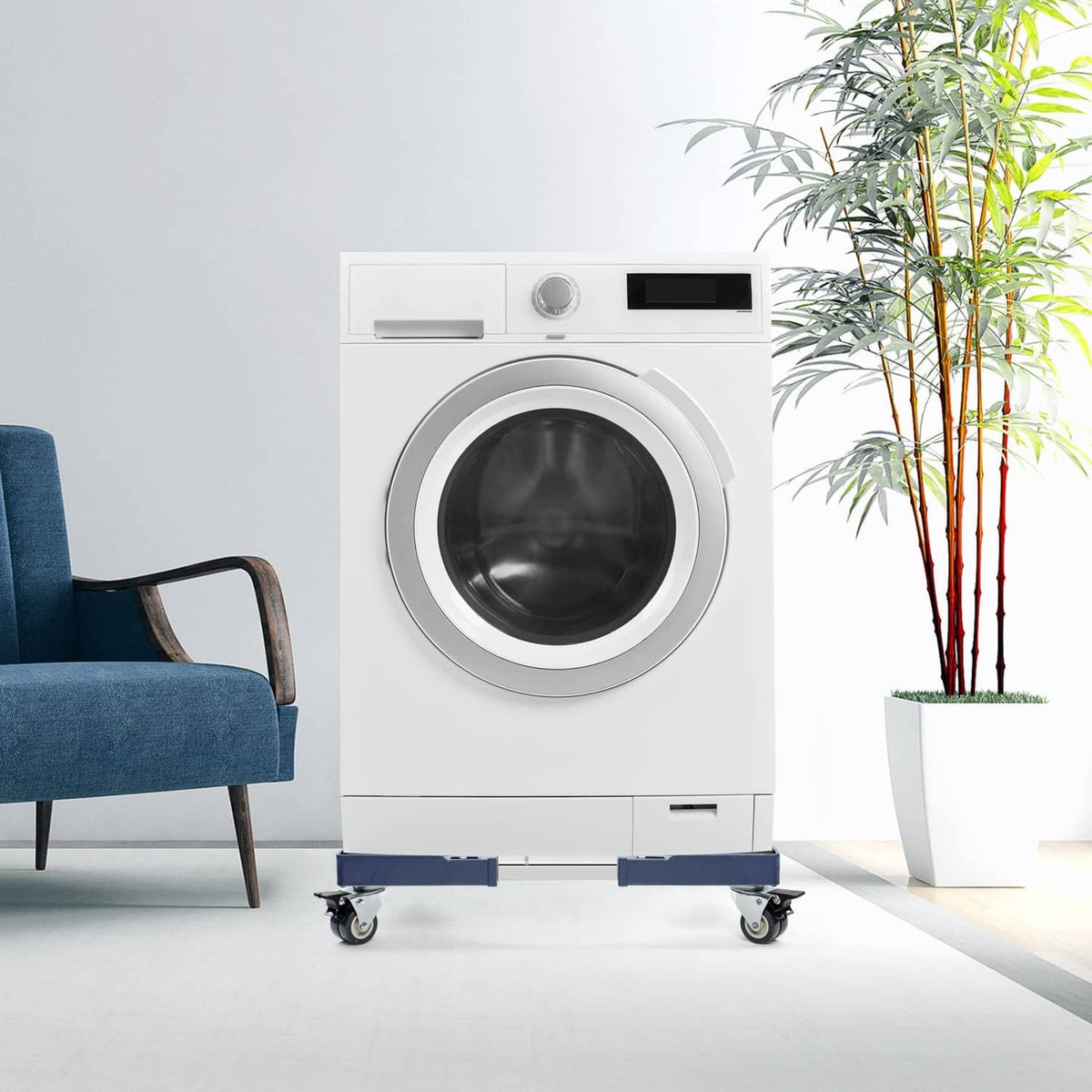 Adjustable furniture dolly with blue base and 4 swivel caster wheels holding a washer