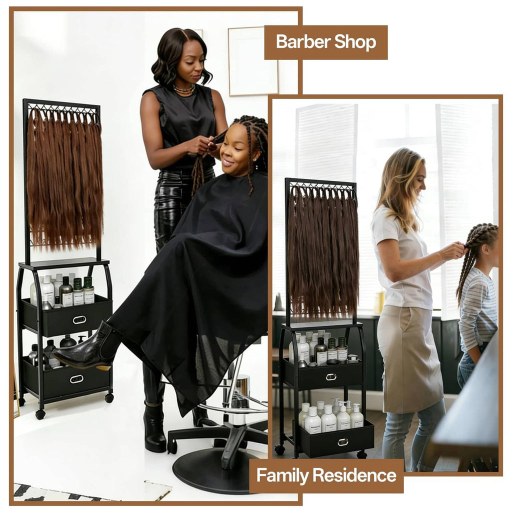 Black portable braiding hair rack with wheels, drawer storage, and hanging hair strands
