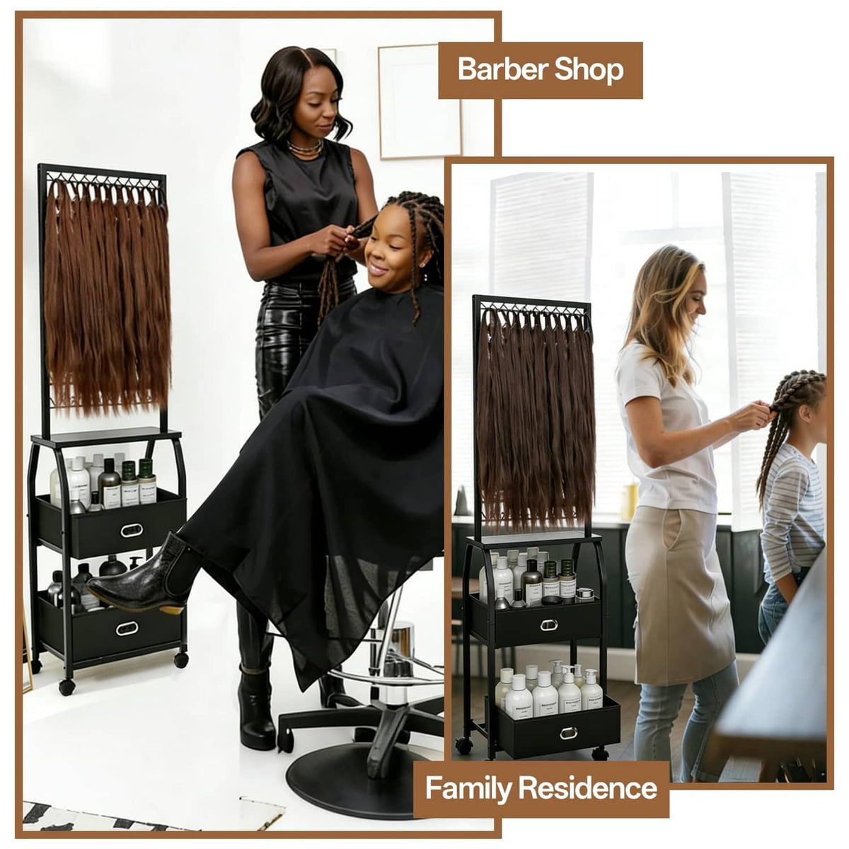 Black portable braiding hair rack with wheels, drawer storage, and hanging hair strands