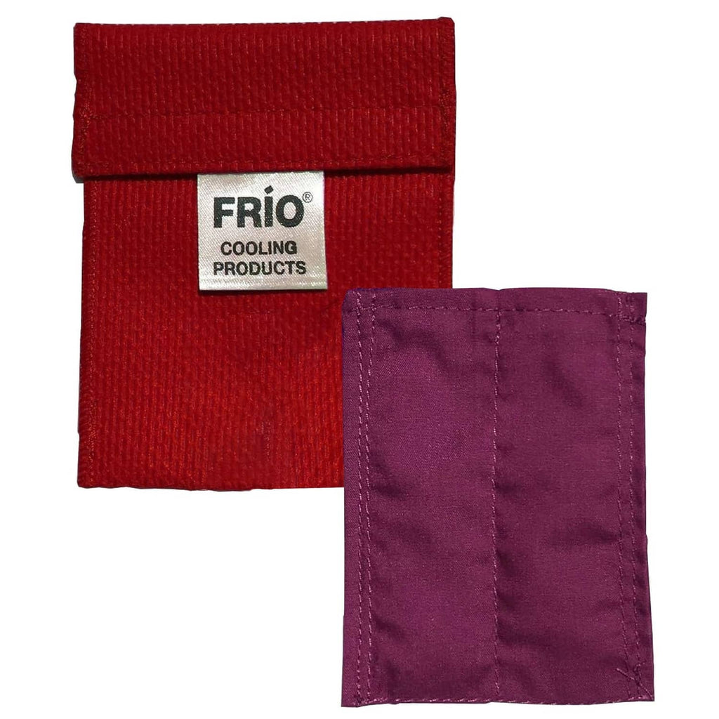 Red FRIO cooling wallet with purple insert pouch, compact square case