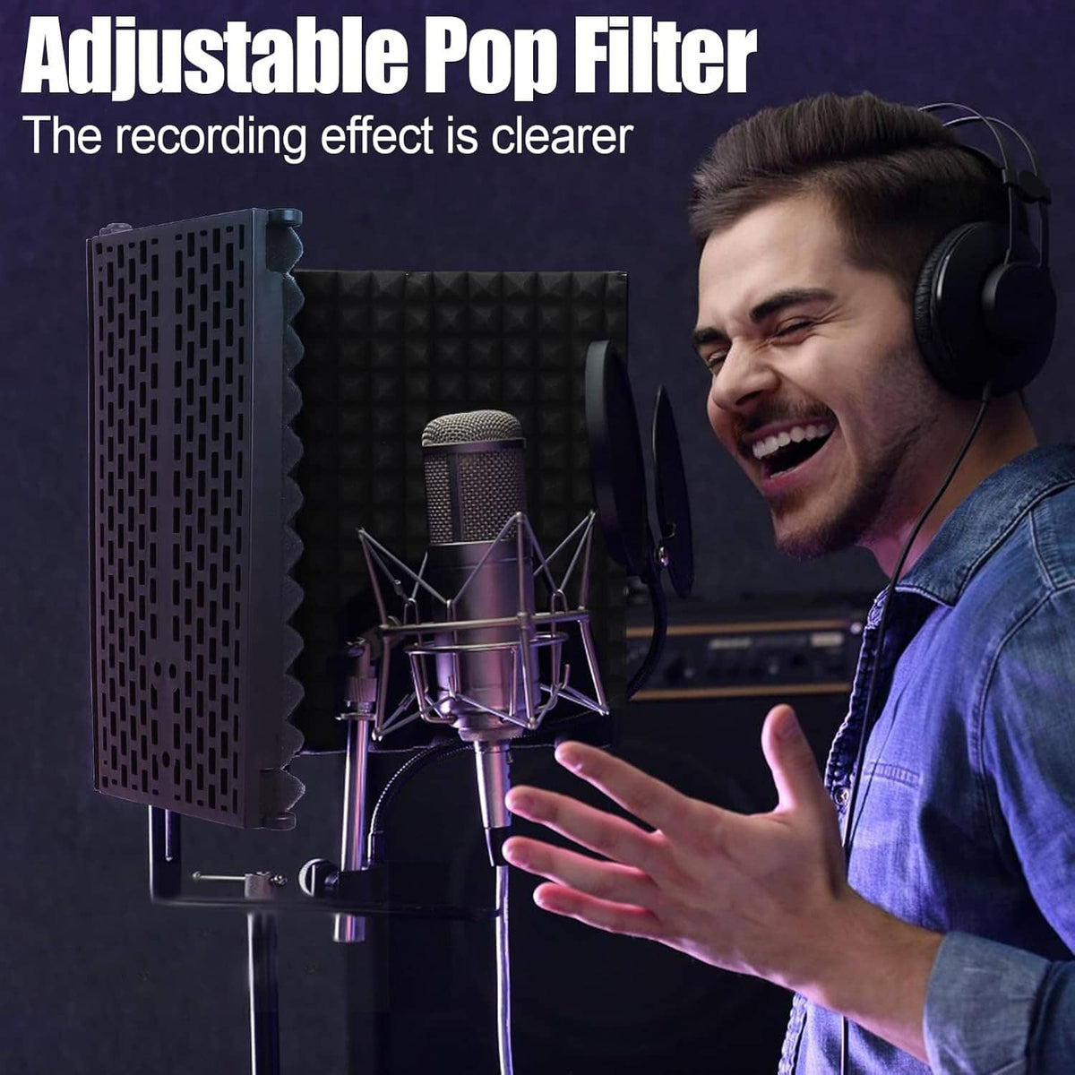Adjustable pop filter and acoustic shield set beside studio microphone and headphones user