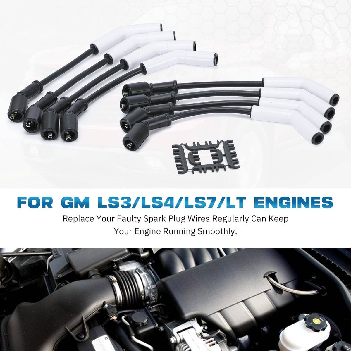 Spark plug wire set with black leads, white boots, and bundled metal retainer