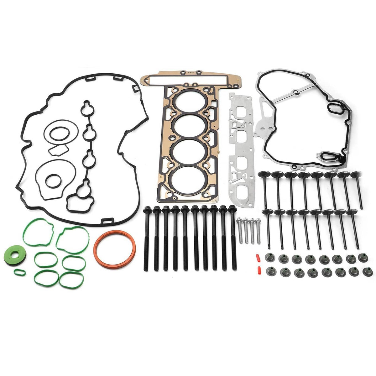 Head gasket with bolt set, including multiple gasket panels, bolts, and valve lifter parts