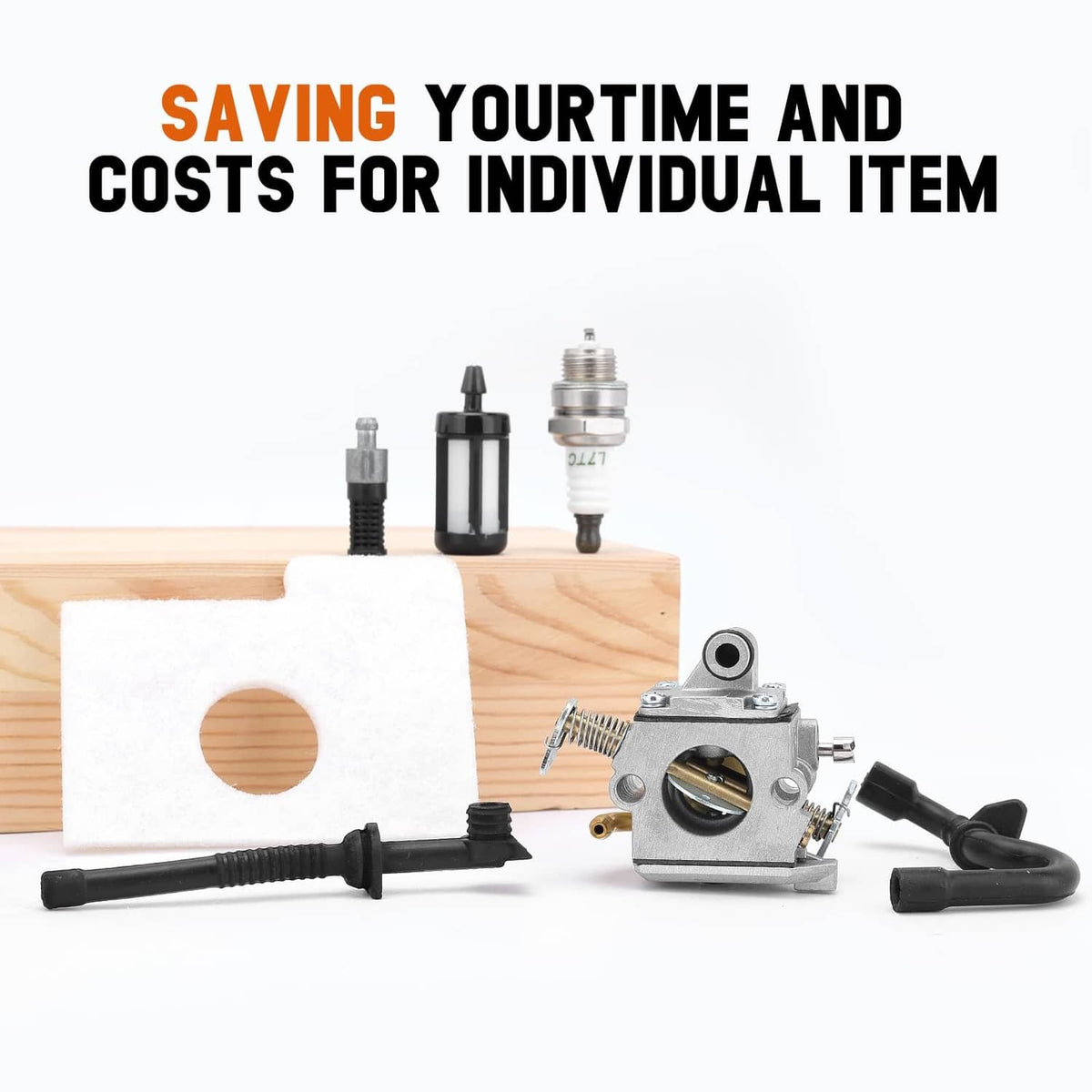 Carburetor kit with white gasket, fuel hoses, and spark plug component