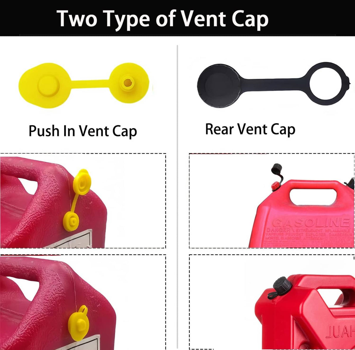 Two vent cap styles: push-in vent cap and rear vent cap for gas can nozzles