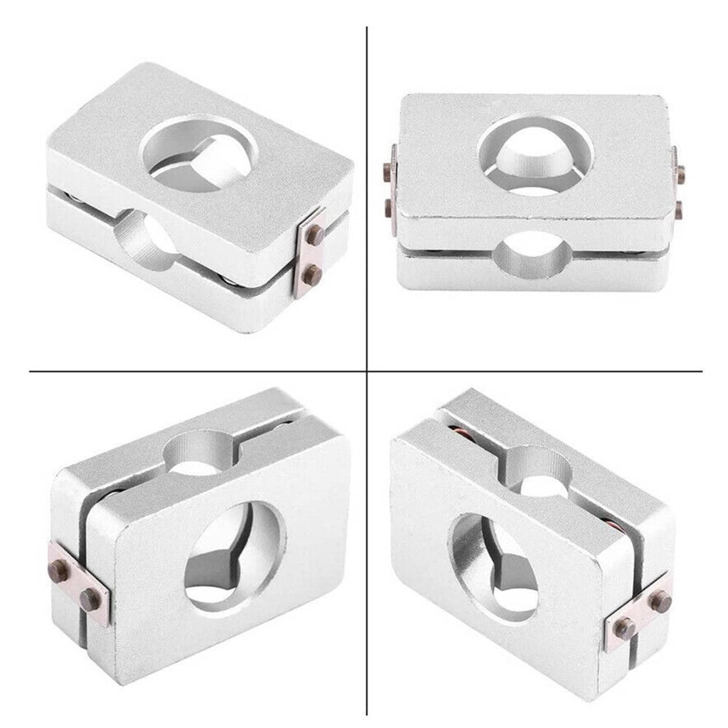 Silver conversion plate shown from multiple angles with circular openings and side bolts