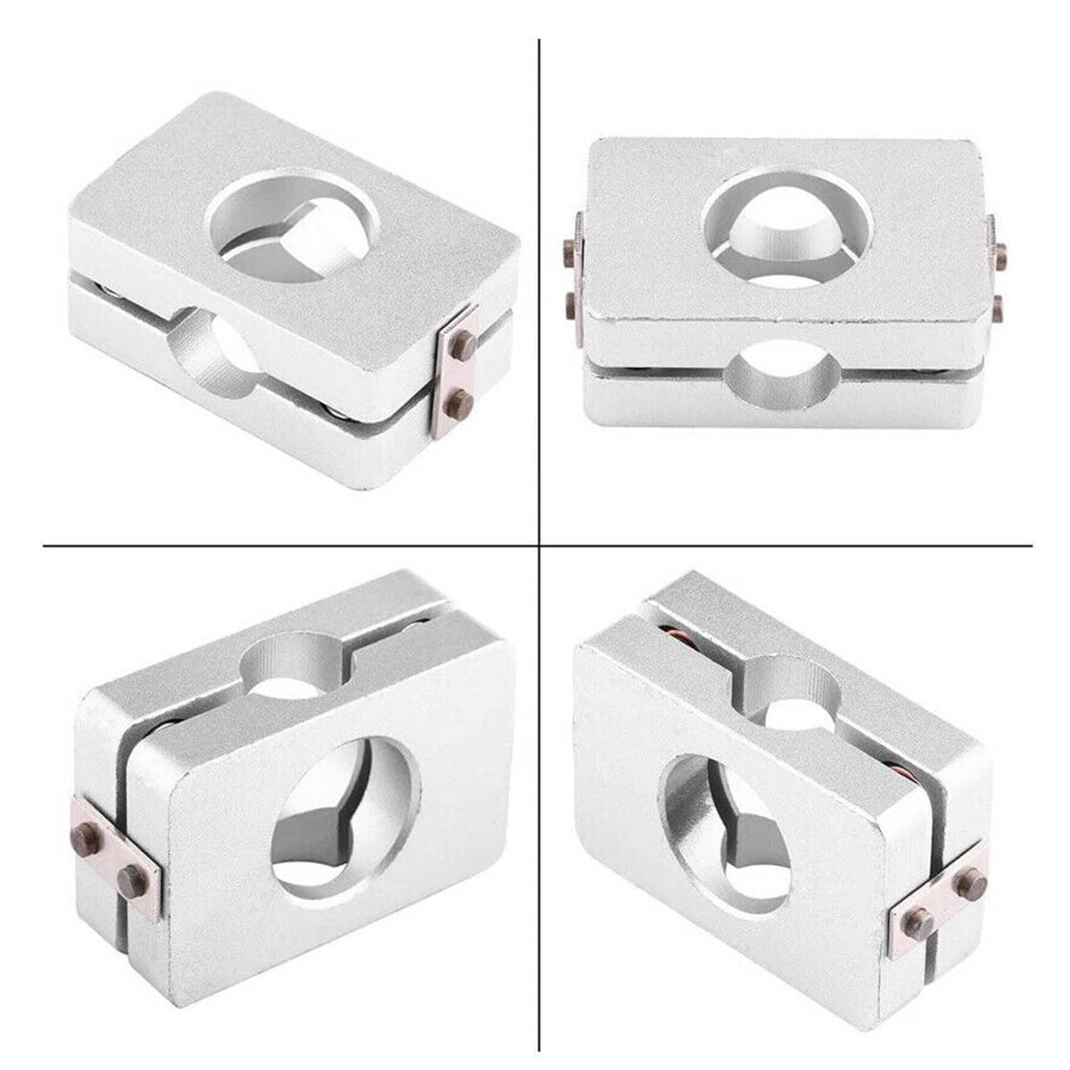 Silver conversion plate shown from multiple angles with circular openings and side bolts