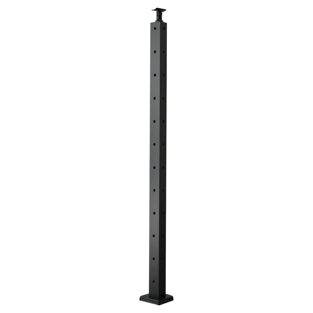 Black cable railing post standing alone, with evenly spaced holes and flat base