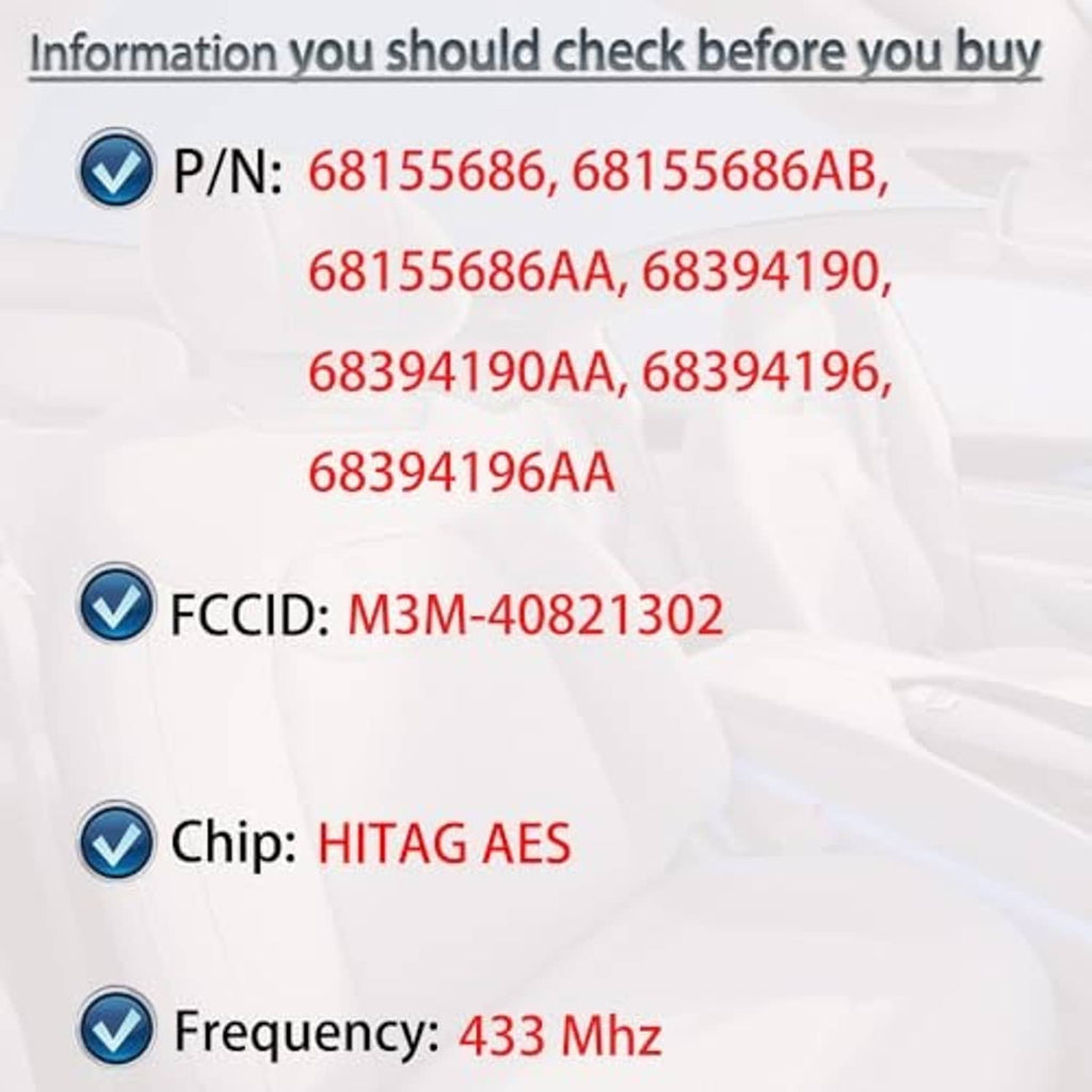 Key fob specification panel listing P/N numbers, FCC ID, HITAG AES chip, 433 MHz