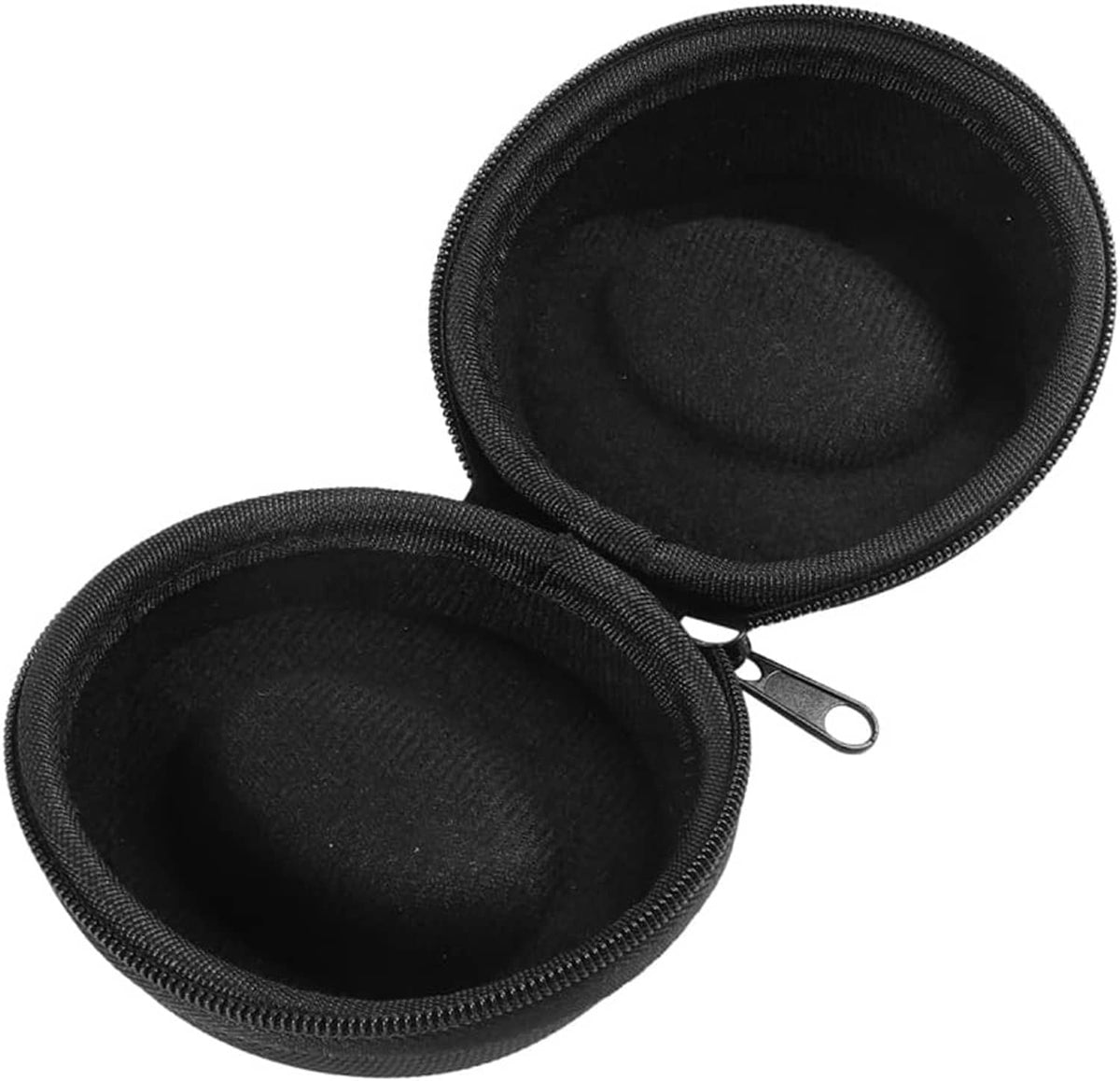 Two open black watch cases with textured fabric and metal zipper pulls