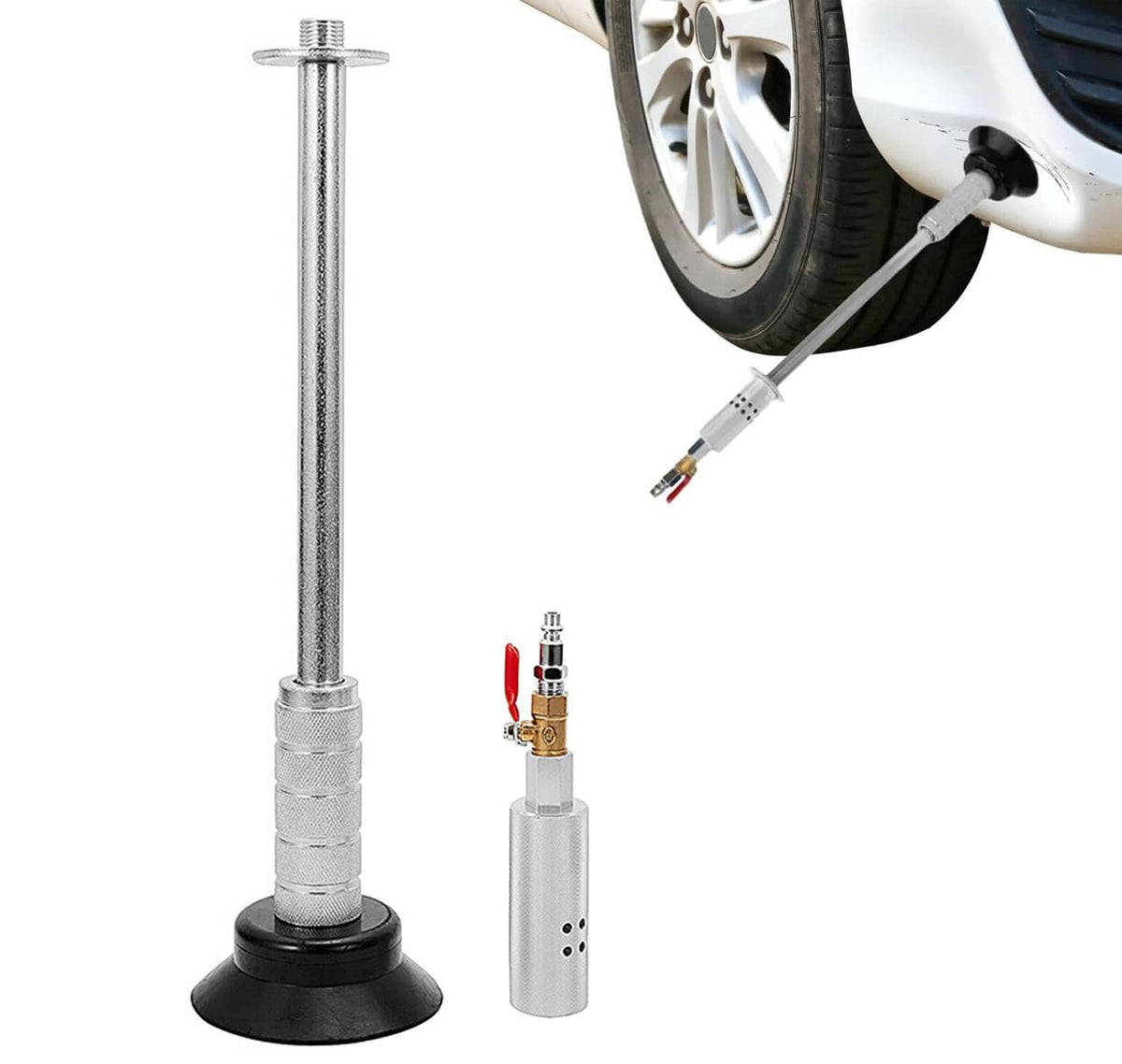 Pneumatic slide hammer dent puller tool with suction cup base and control valve assembly