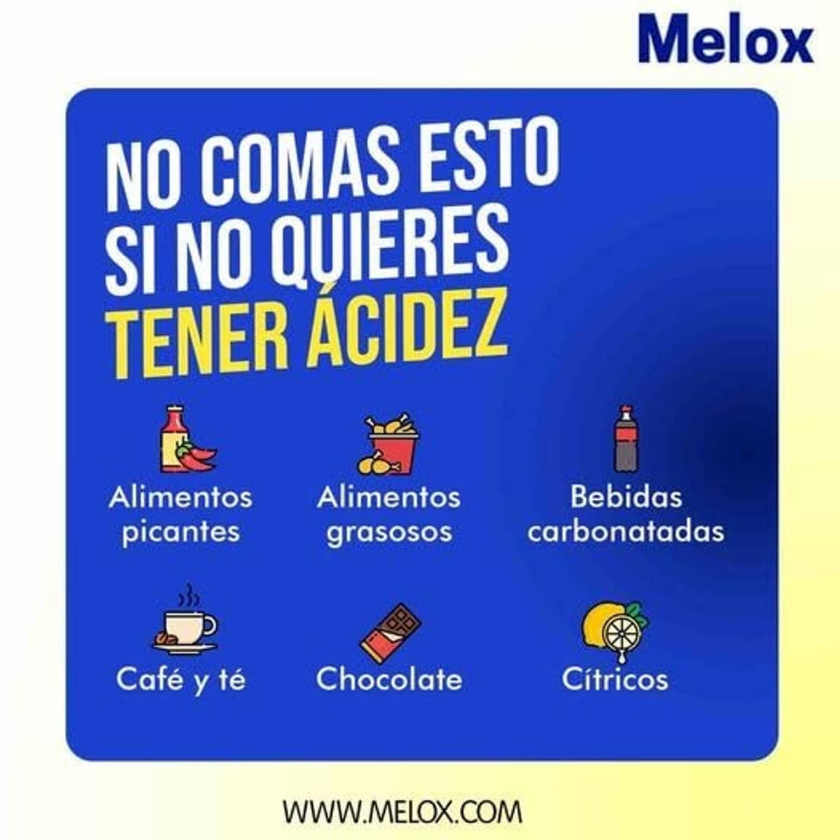 Heartburn relief antacid warning card with foods and drinks to avoid icons