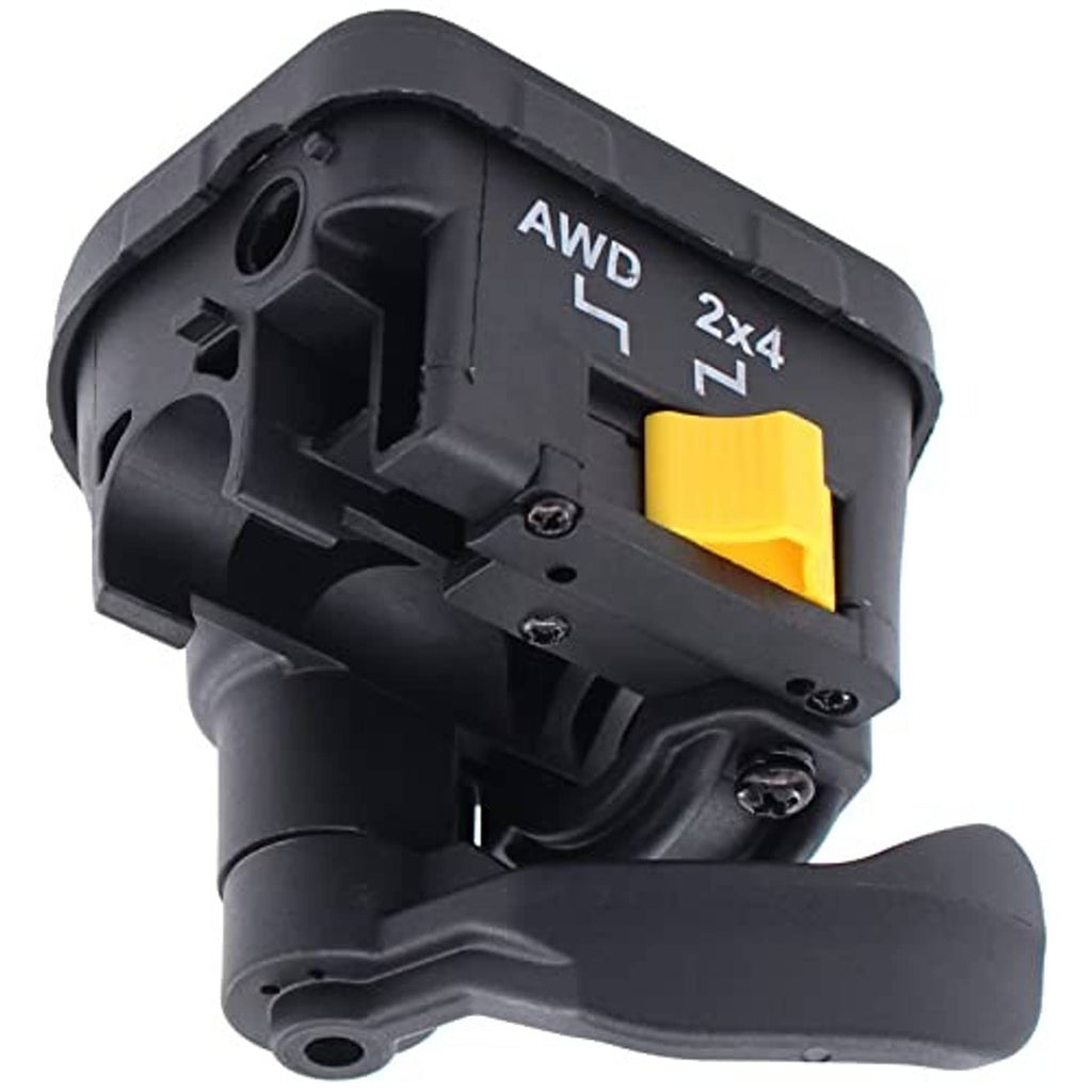 Black thumb throttle lever with yellow switch and AWD 2x4 markings, side grip