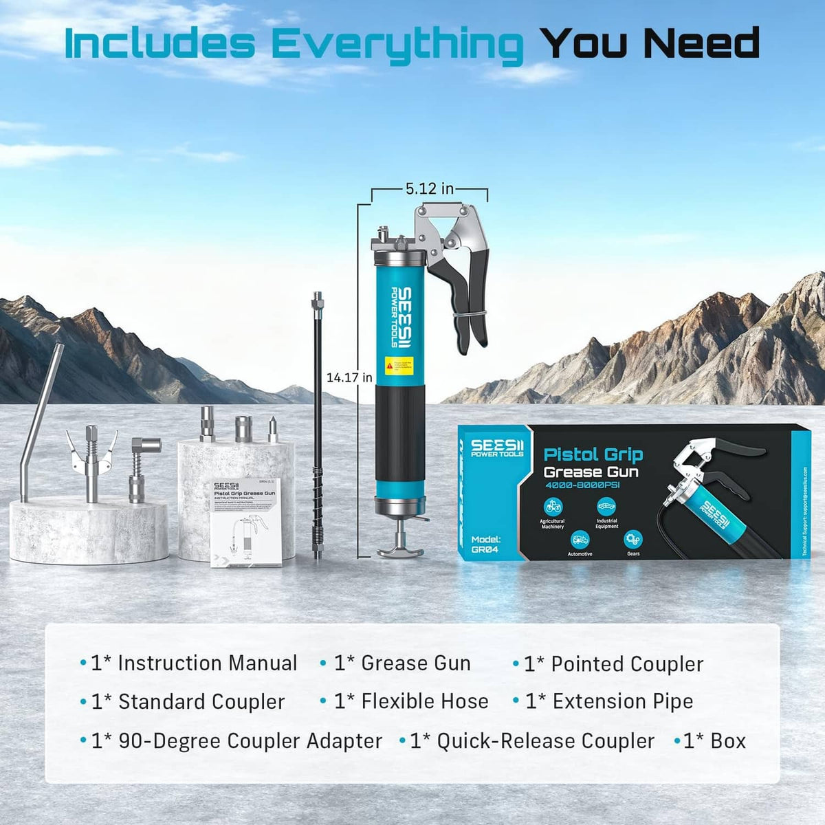 Grease gun kit with multiple couplers, hose, extension pipe, and instruction manual