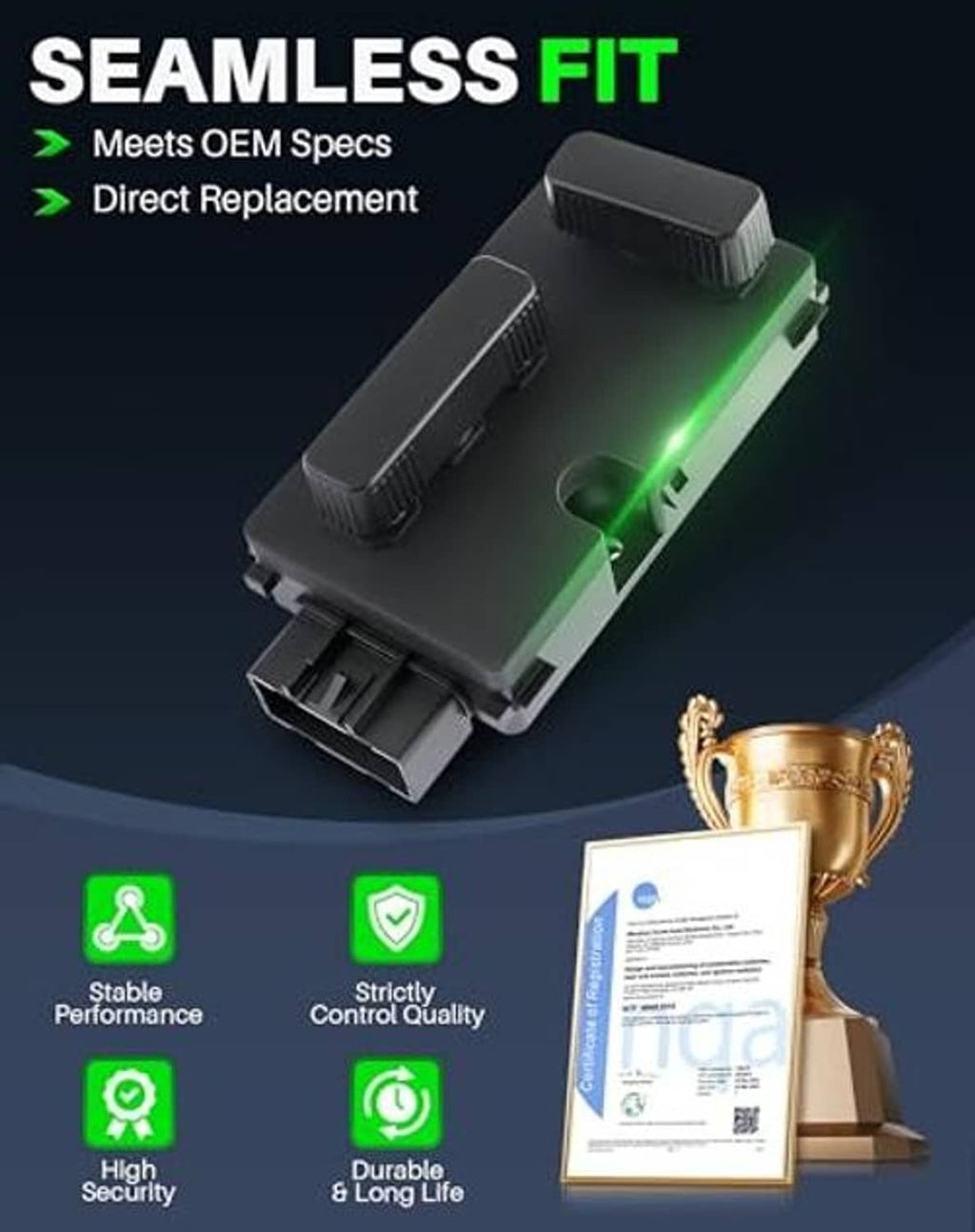 Black seat adjustment switch module with green illuminated connector slot