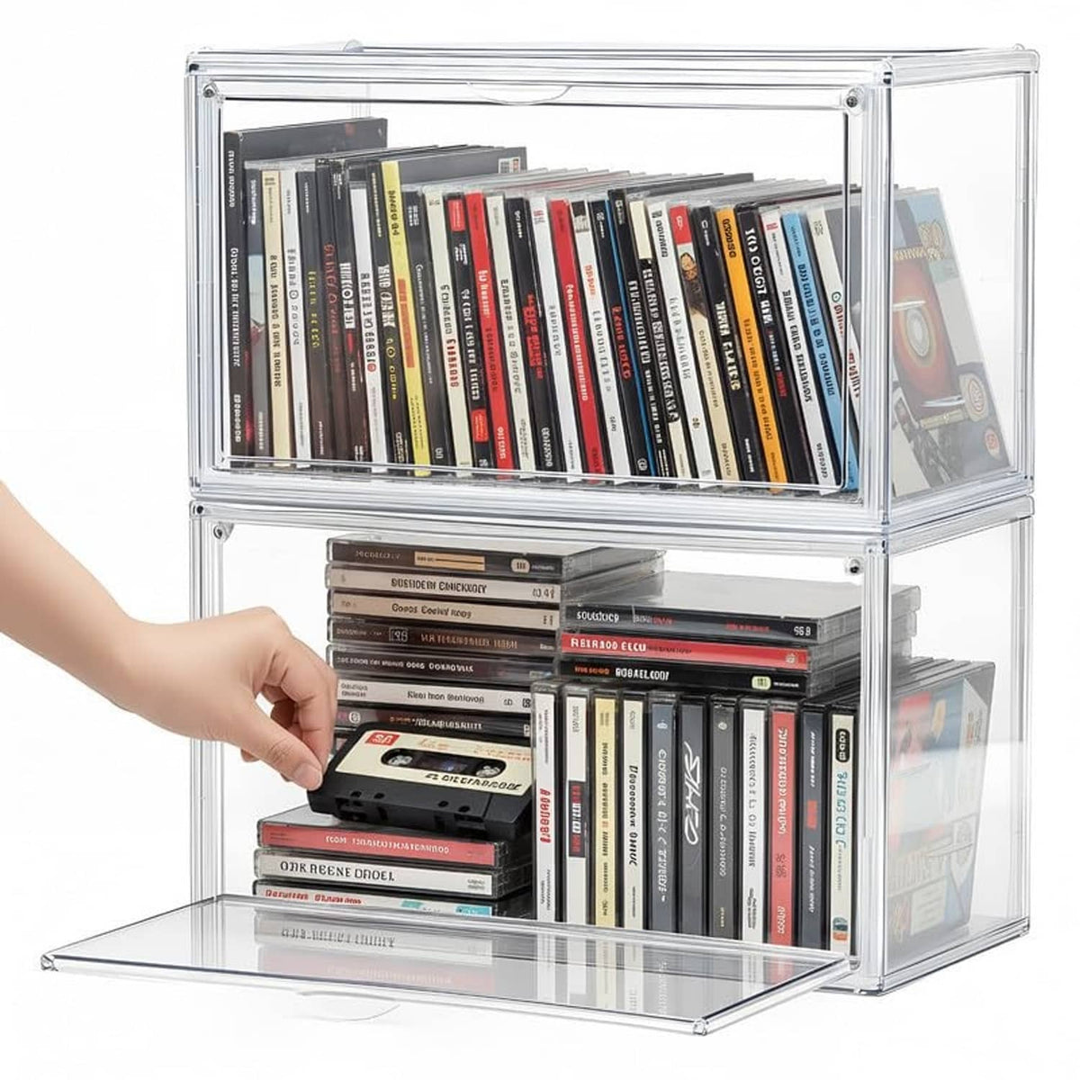 Clear acrylic stackable DVD/CD storage case with transparent lid and disc sleeves inside