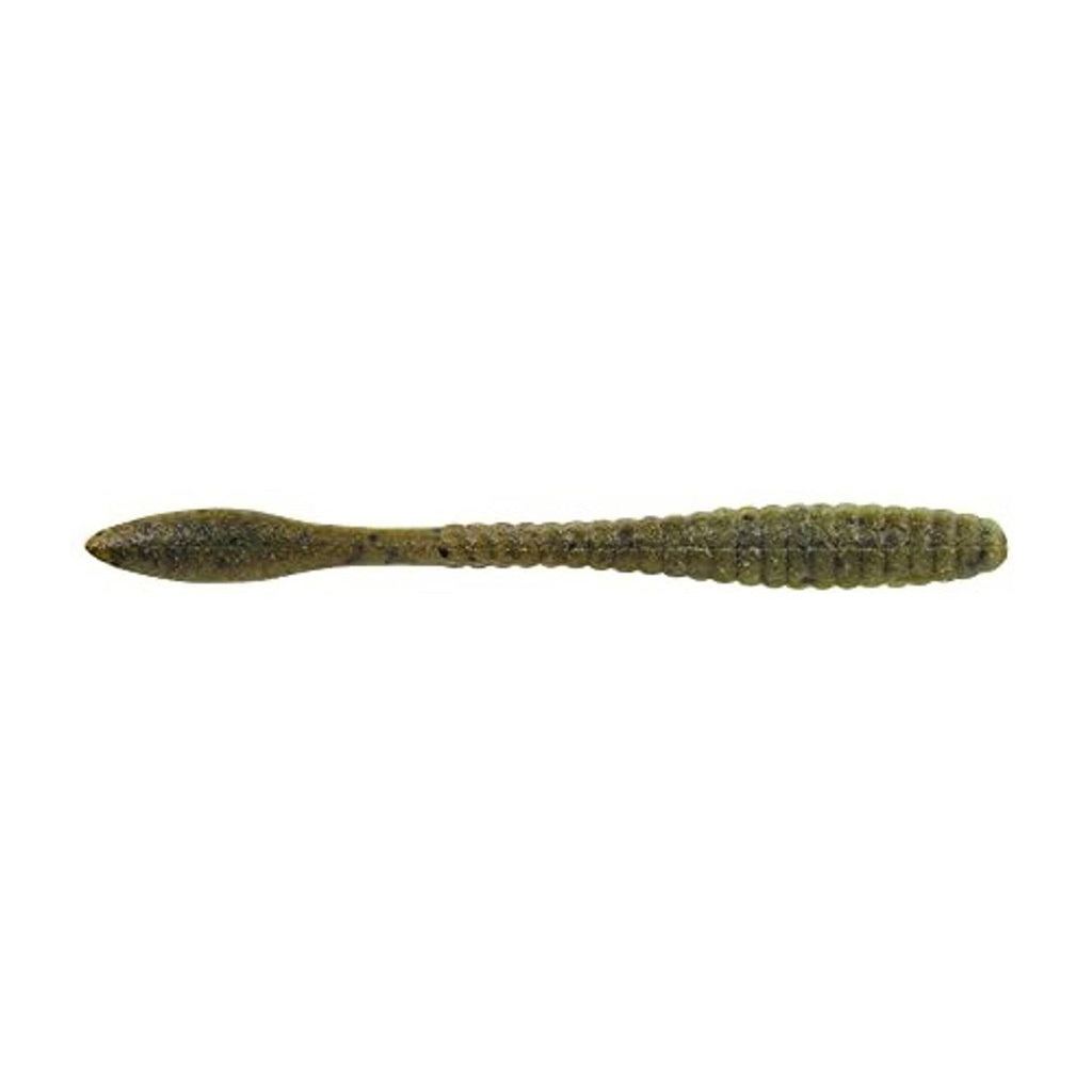Green pumpkin watermelon soft plastic fishing worm, ridged body and speckles
