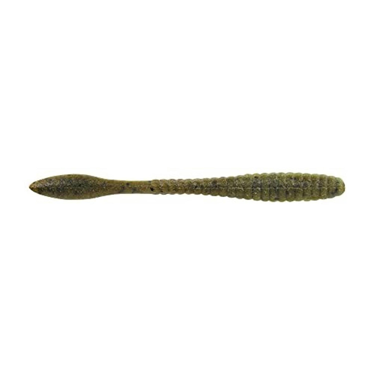 Green pumpkin watermelon soft plastic fishing worm, ridged body and speckles