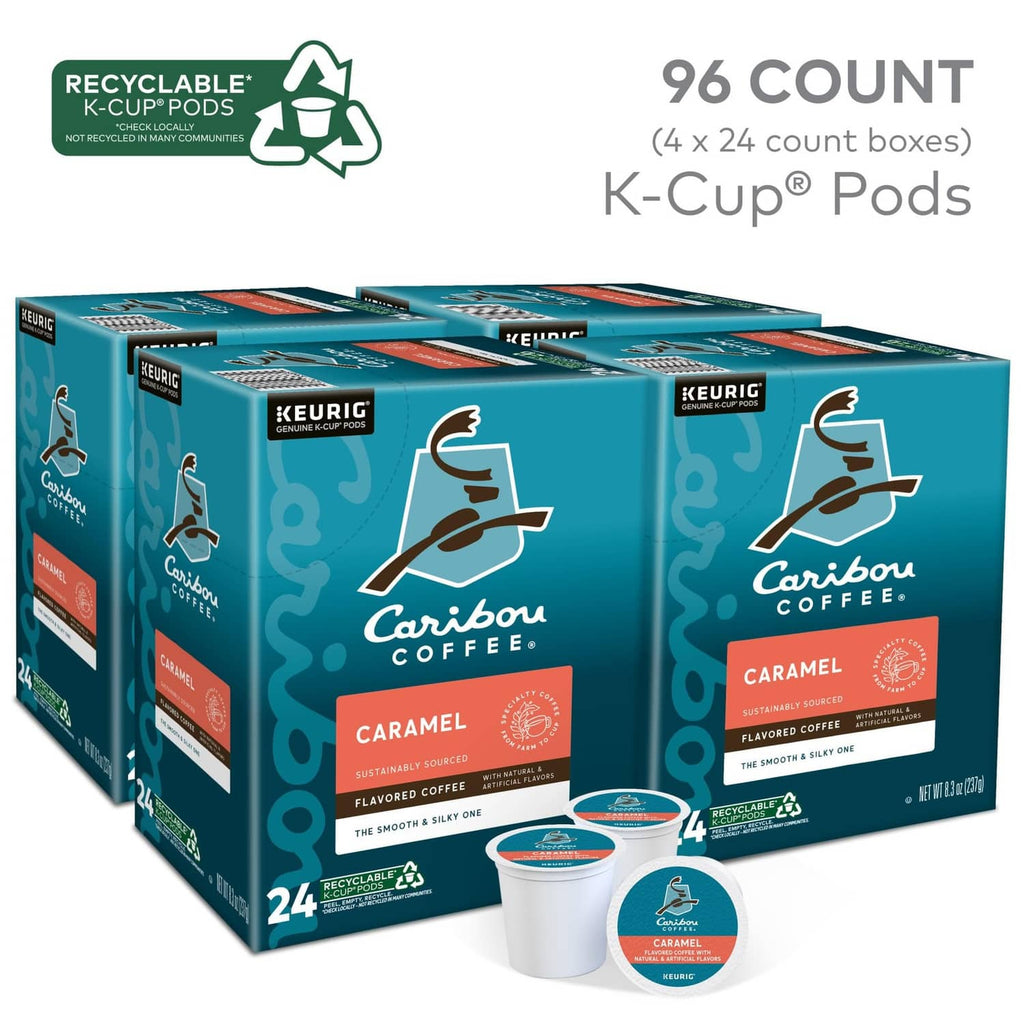 Caribou Coffee Caramel KEURIG K-Cup pods multipack with 2 boxes and cups