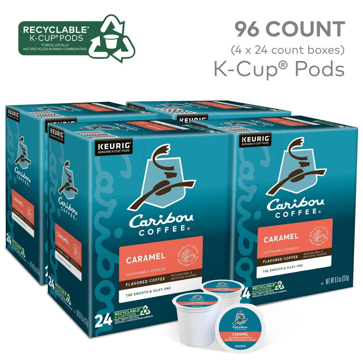 Caribou Coffee Caramel KEURIG K-Cup pods multipack with 2 boxes and cups