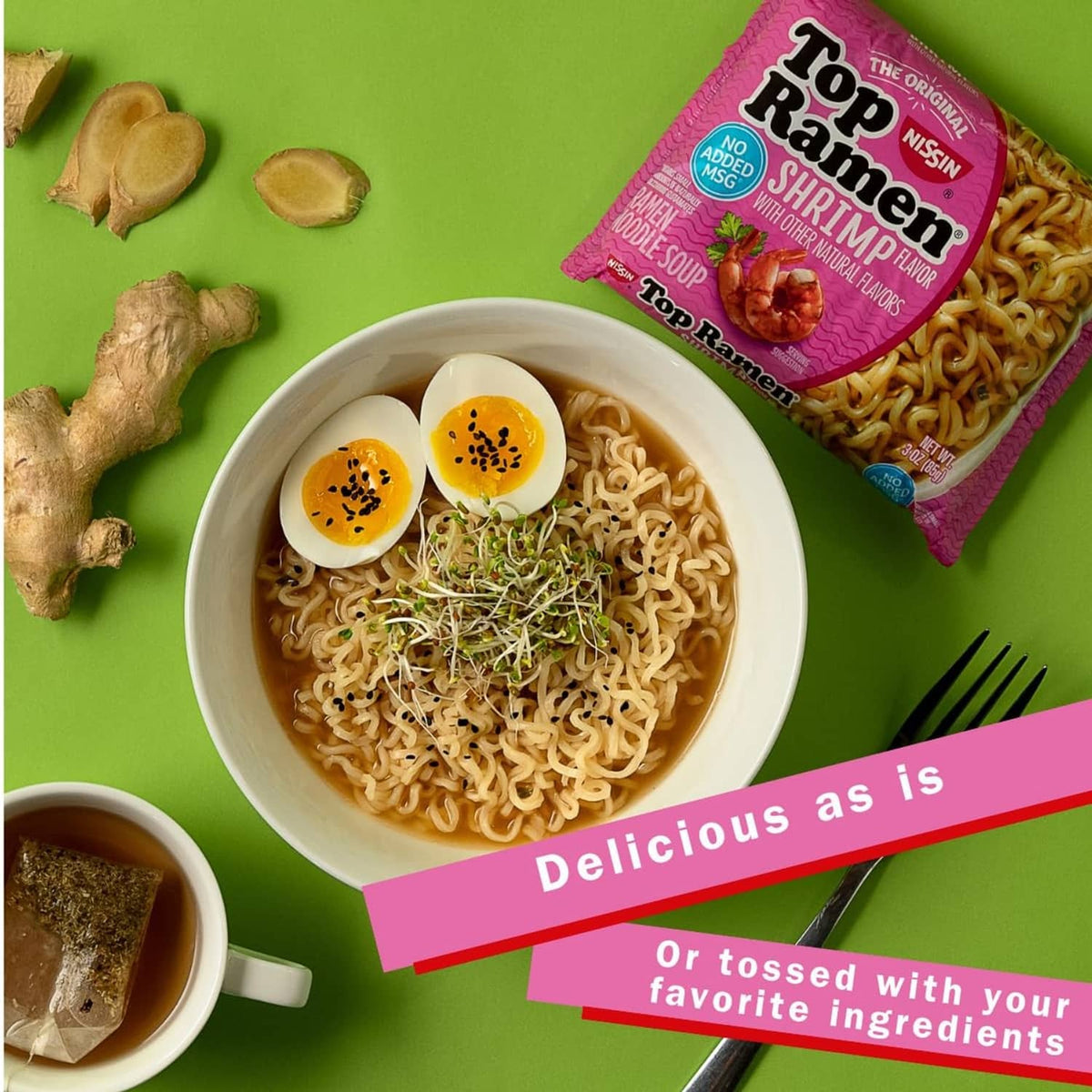 Shrimp flavored instant ramen noodles in a bowl with sliced eggs