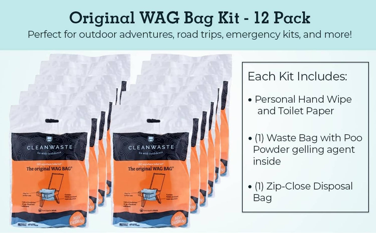 12-pack WAG Bag kit with multiple blue waste bags and included supplies