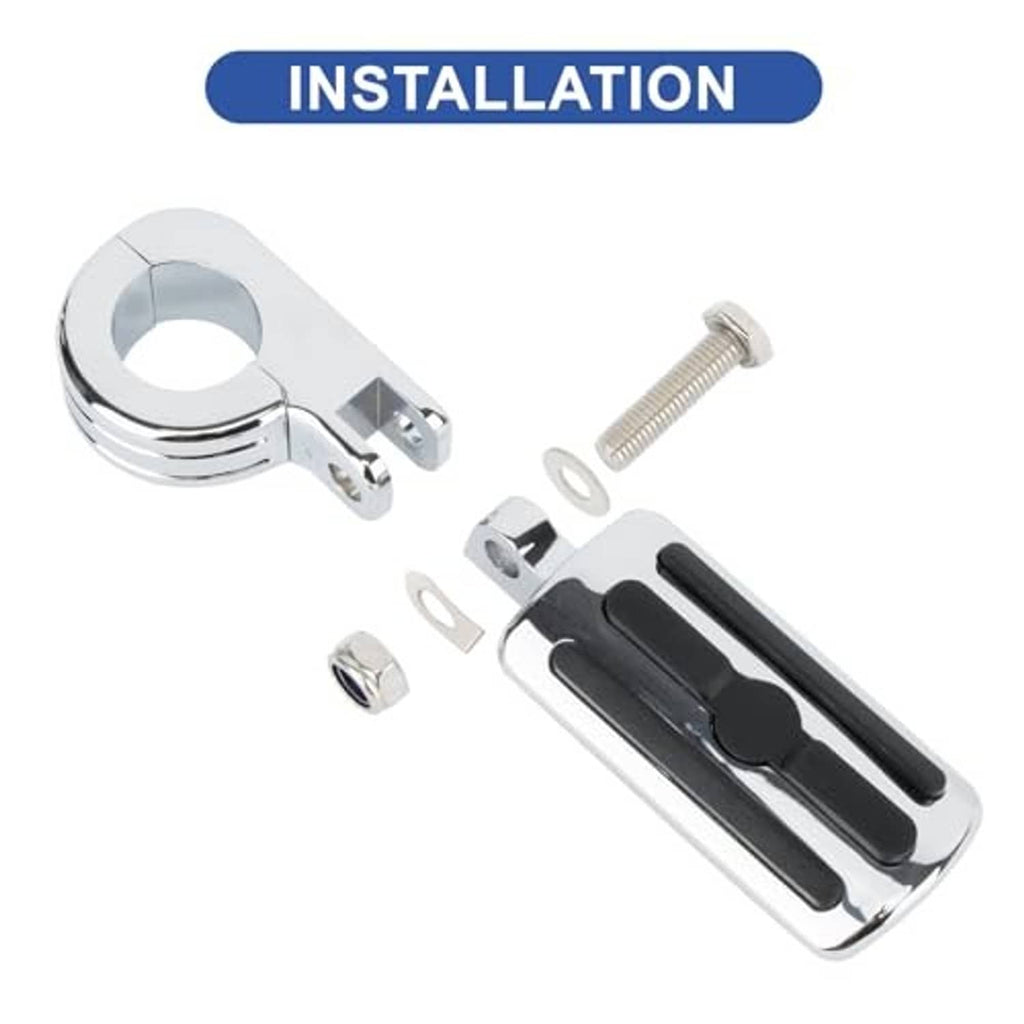 Chrome foldable foot pedal brackets with black anti-slip rubber pads and mounting bolts