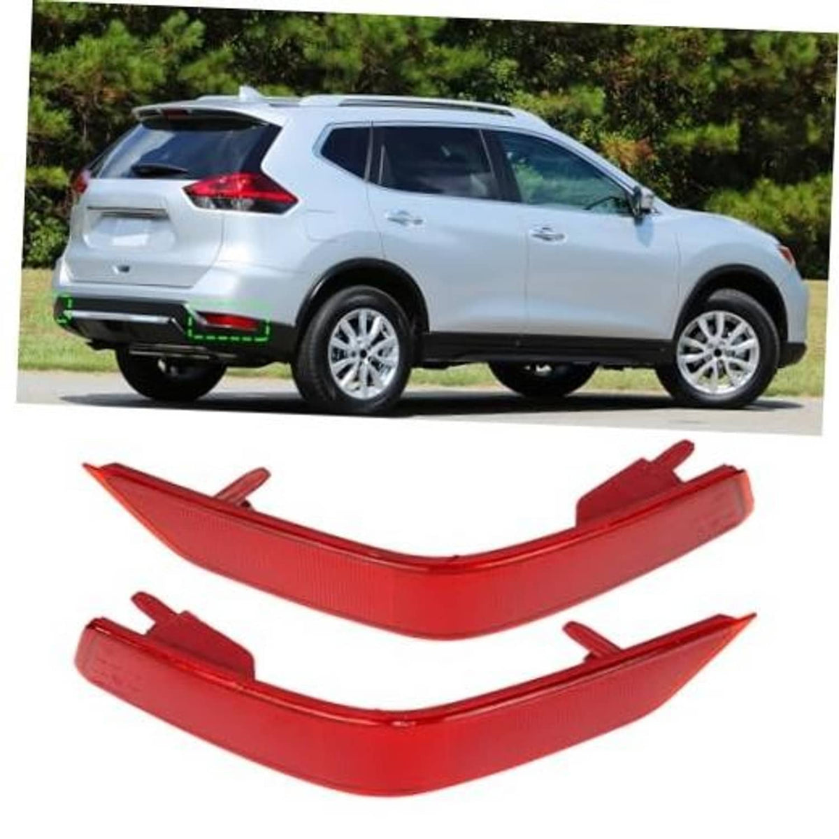 Red rear bumper reflector inserts, two-piece set for vehicle tailgate corners
