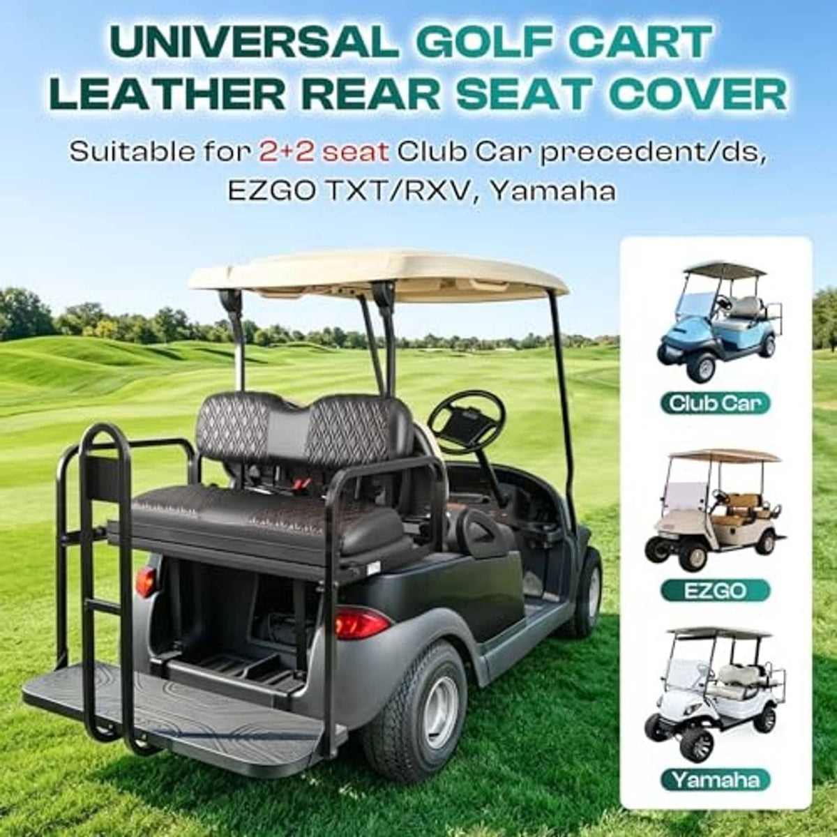 Universal leather-look golf cart rear seat cover on a cart, dark gray diamond pattern