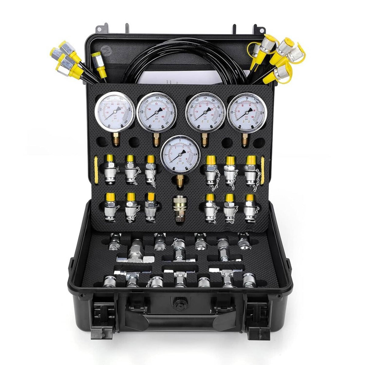 Hydraulic pressure test kit open case with gauges, coiled hoses, and brass adapter fittings