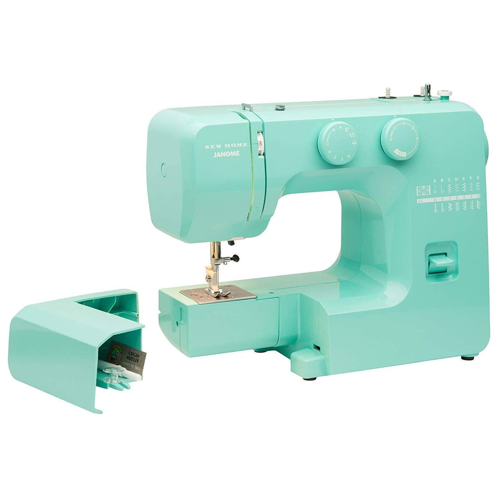 Turquoise electric sewing machine with needle and front bobbin area