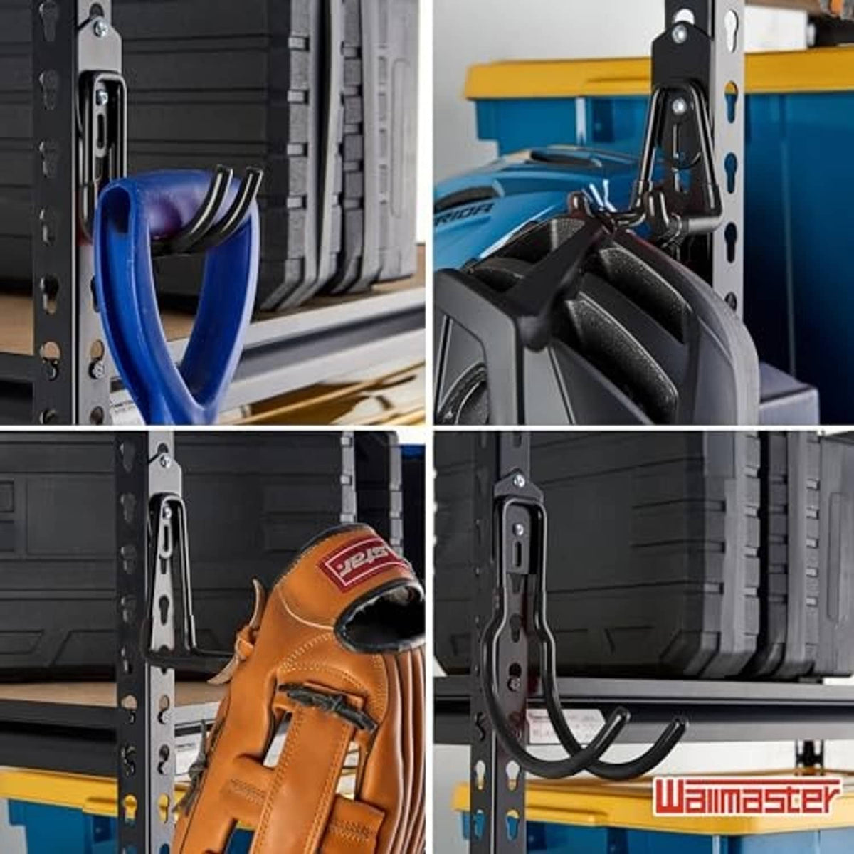 Black shelving hooks holding boots and tools on slotted shelving with multiple hook positions.