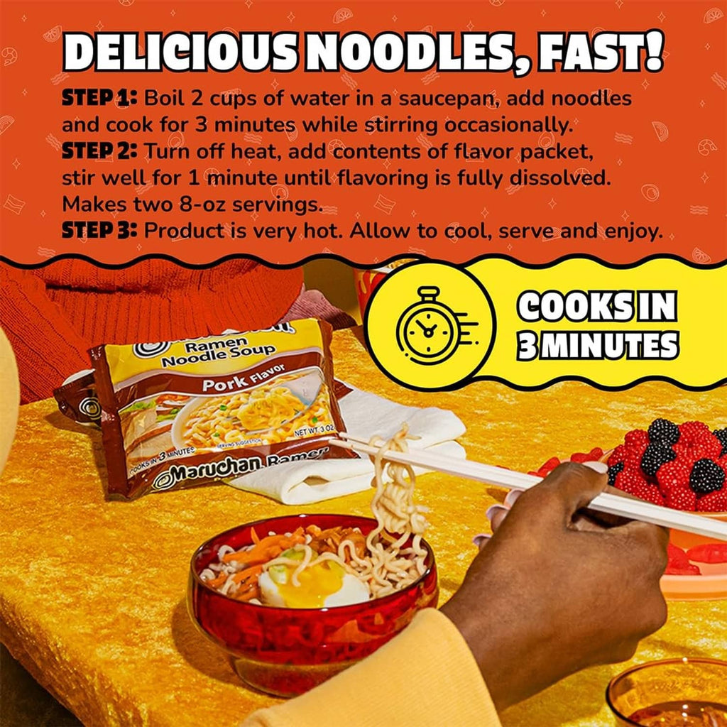 Maruchan ramen pork flavor packet with bowl of noodles and cooking timer steps