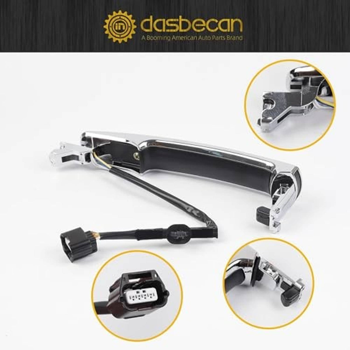 Chrome exterior door handle with black wiring harness and detailed connector ports.
