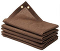 Mocha brown woven shade cloth sheets with grommeted top edge, neatly stacked