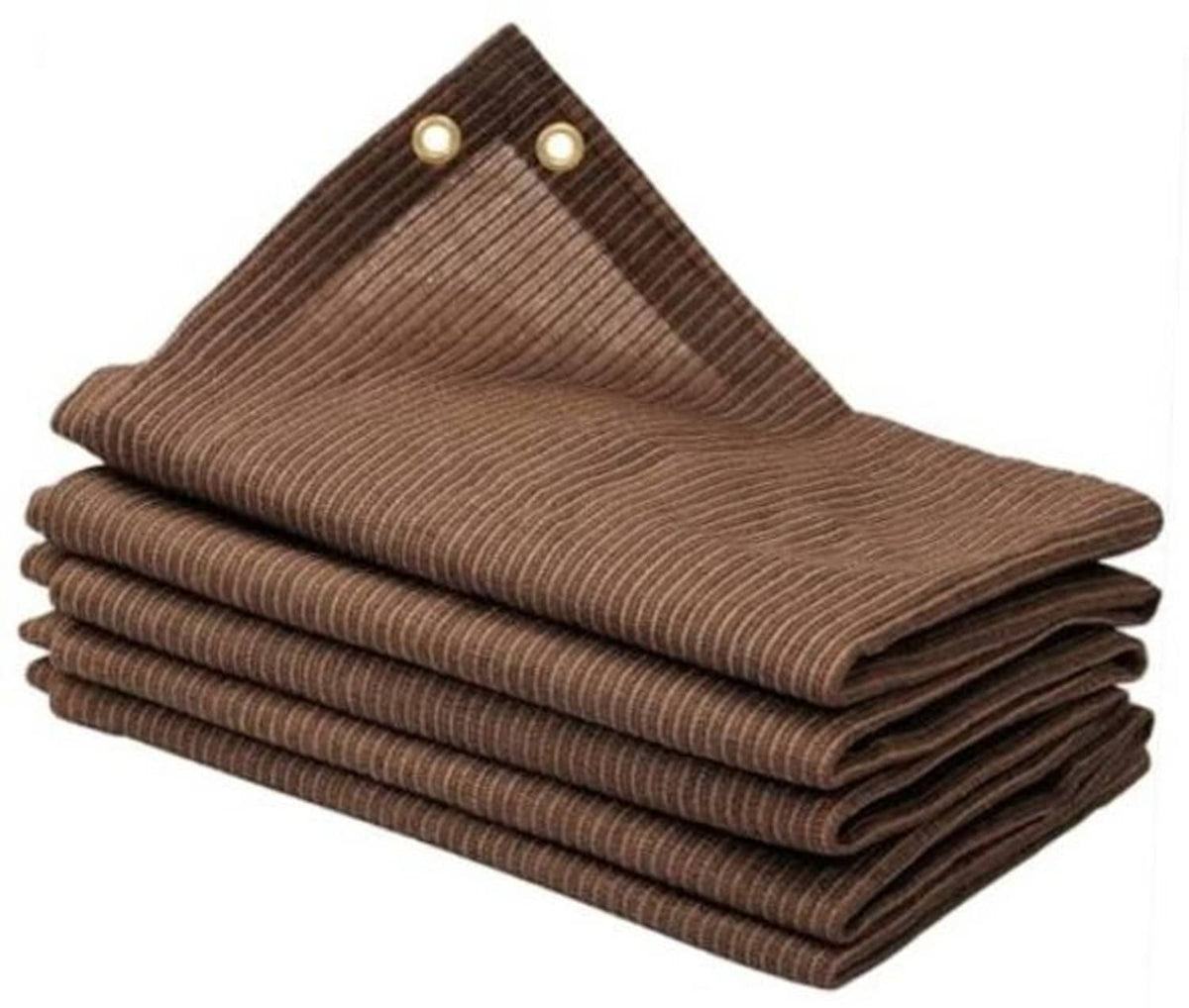 Mocha brown woven shade cloth sheets with grommeted top edge, neatly stacked