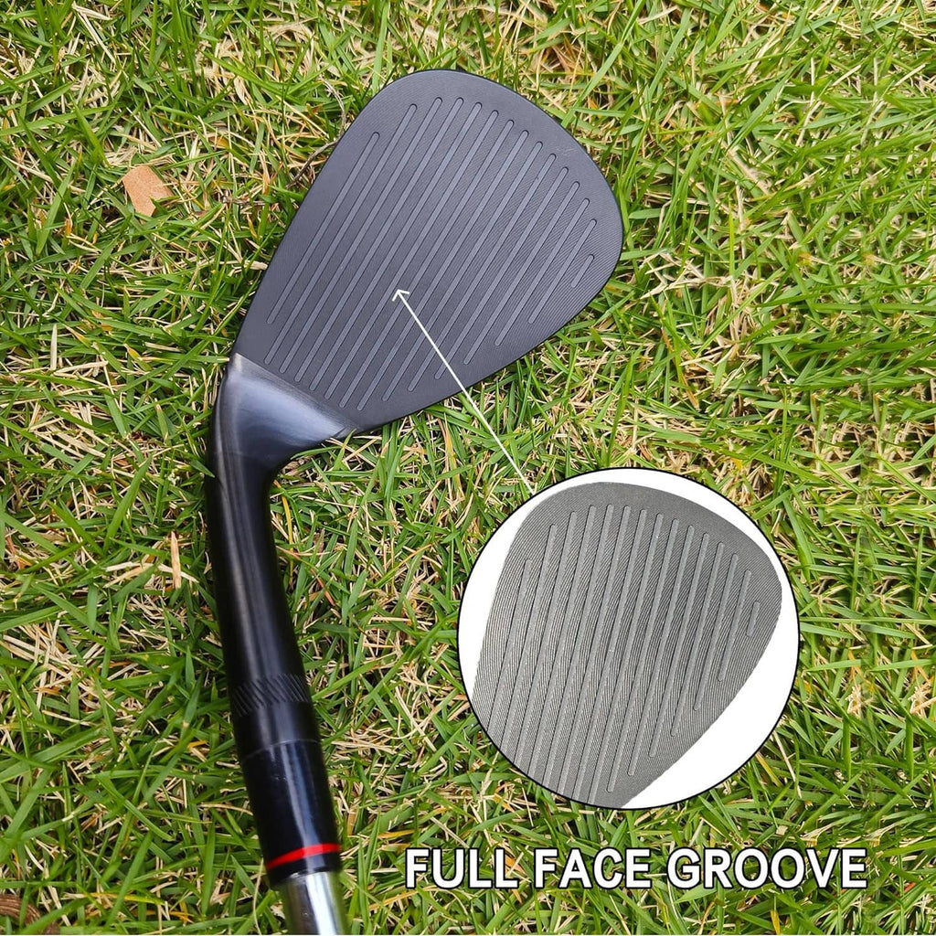 Black golf wedge on grass with full-face groove sole shown in inset