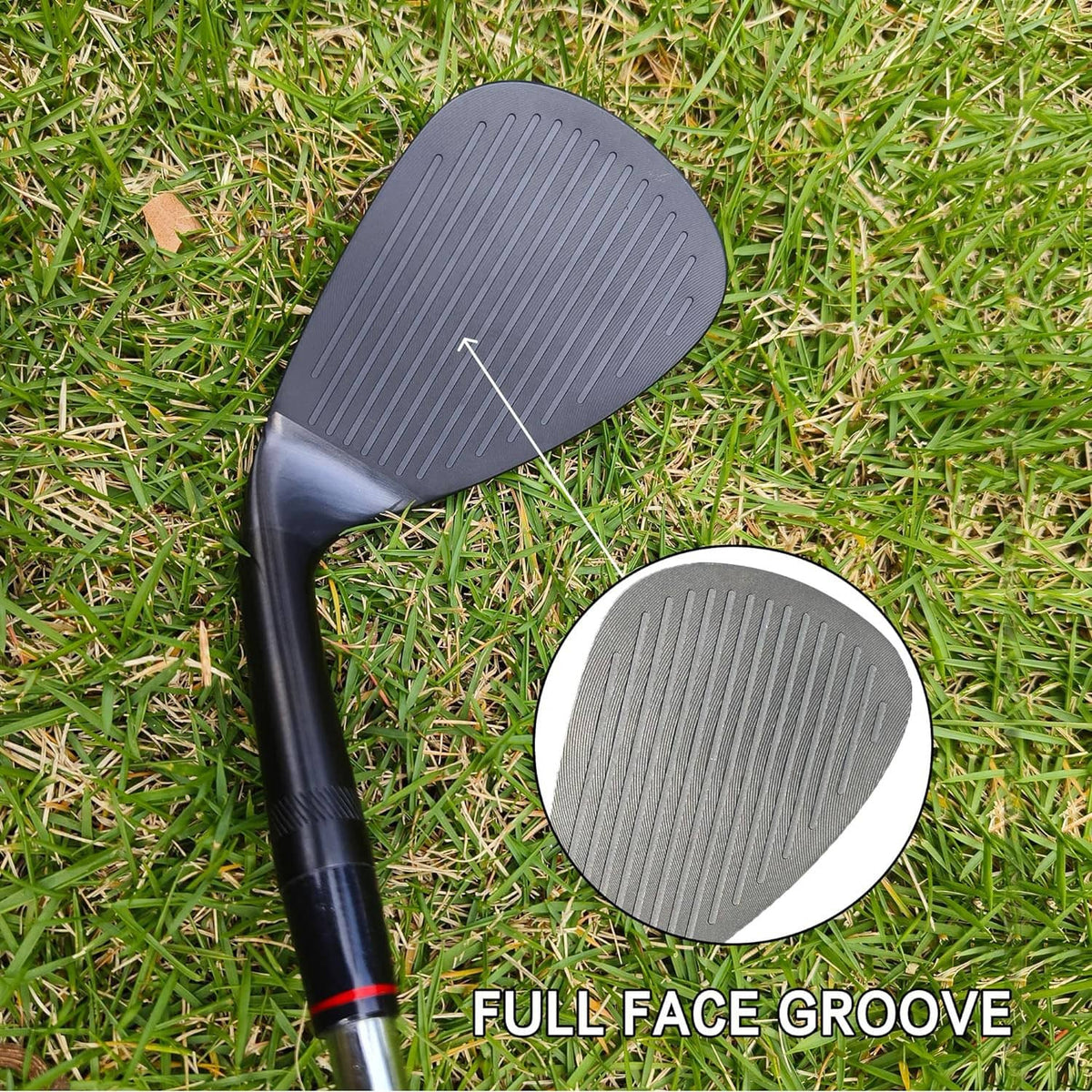 Black golf wedge on grass with full-face groove sole shown in inset
