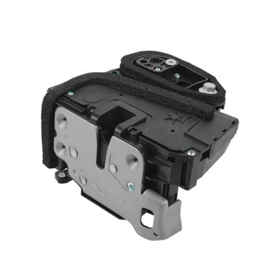 Door lock actuator motor with black plastic housing, silver bracket, and foam padding