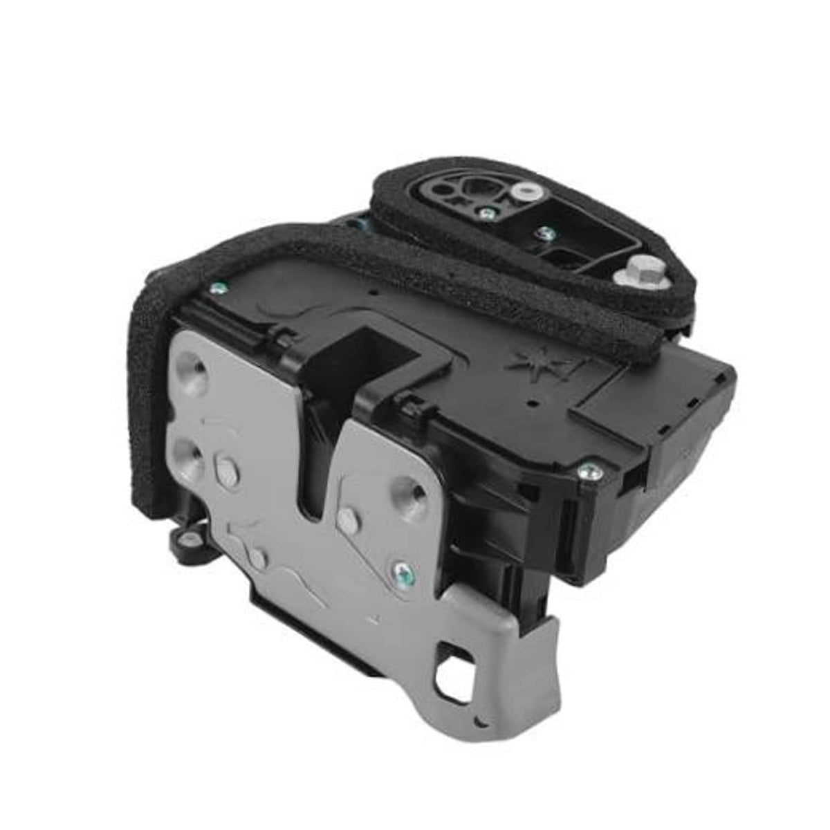 Door lock actuator motor with black plastic housing, silver bracket, and foam padding