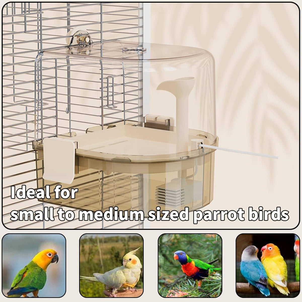 Automatic bird bath on cage, transparent cover and water shower outlet