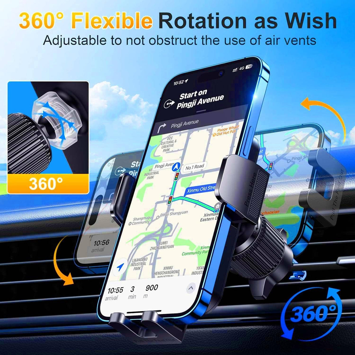 360-degree rotating car air vent phone mount with adjustable cradle, smartphone angled