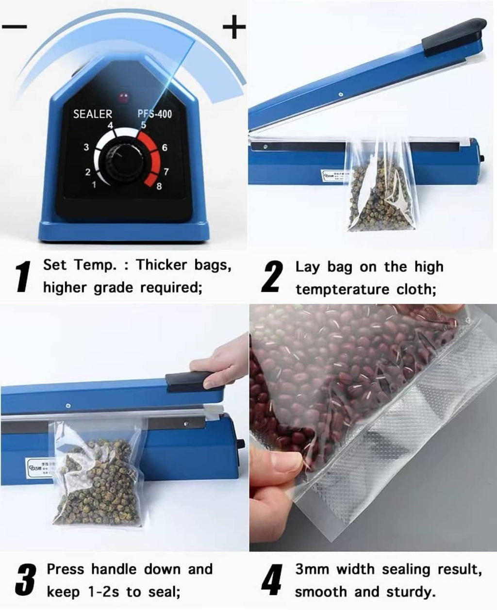 Blue heat sealer with temperature control dial and sealing bar close-up