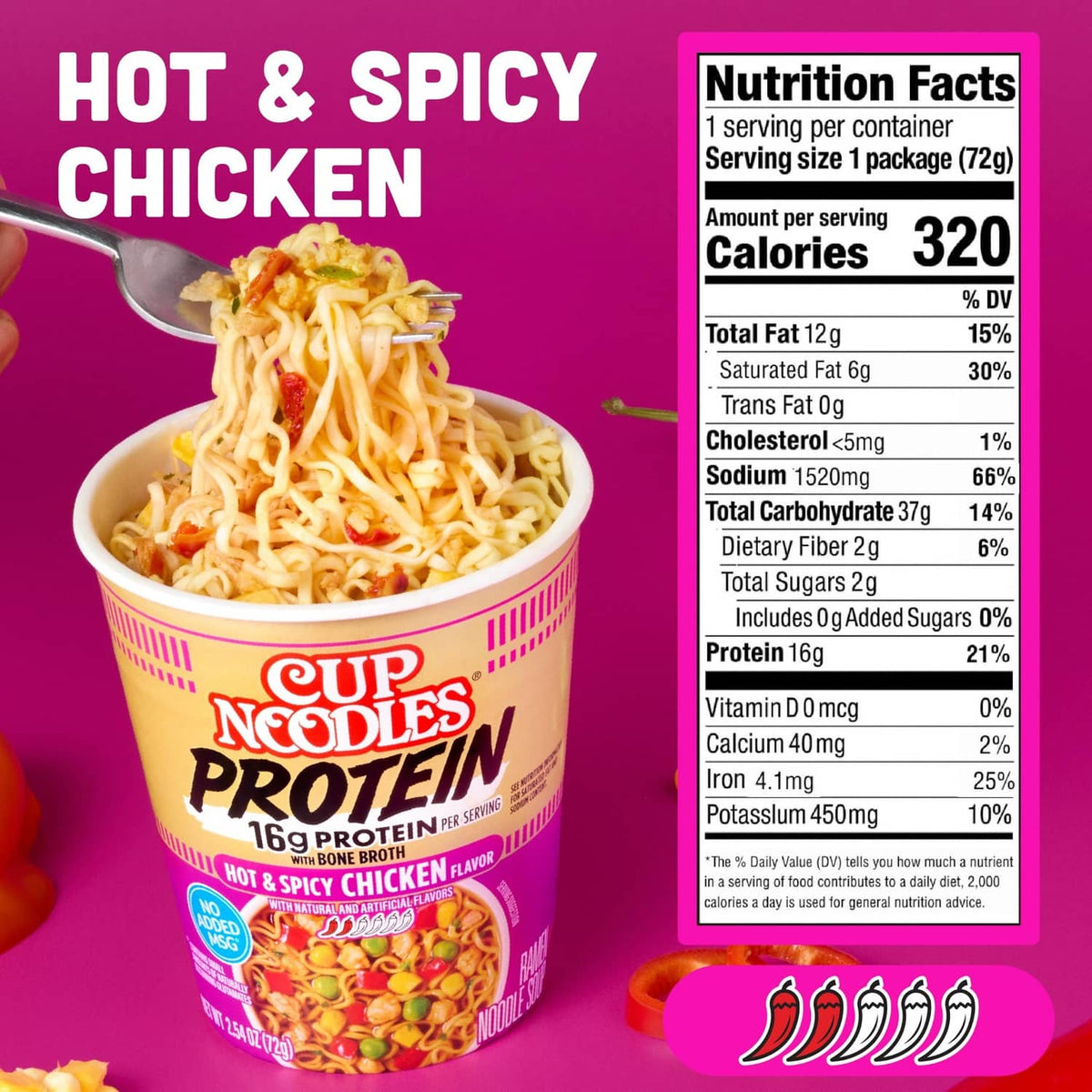 Hot & spicy chicken ramen cup with nutrition facts panel